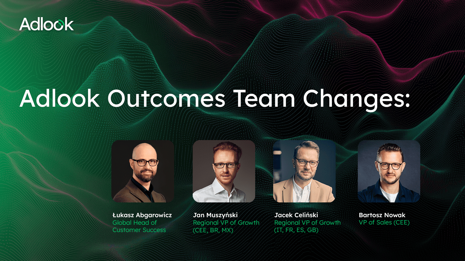 Adlook announcement graphic titled “Adlook Outcomes Team Changes” featuring leadership updates: Łukasz Abgarowicz (Global Head of Customer Success), Jan Muszyński (Regional VP of Growth CEE, BR, MX), Jacek Celiński (Regional VP of Growth IT, FR, ES, GB), and Bartosz Nowak (VP of Sales CEE).