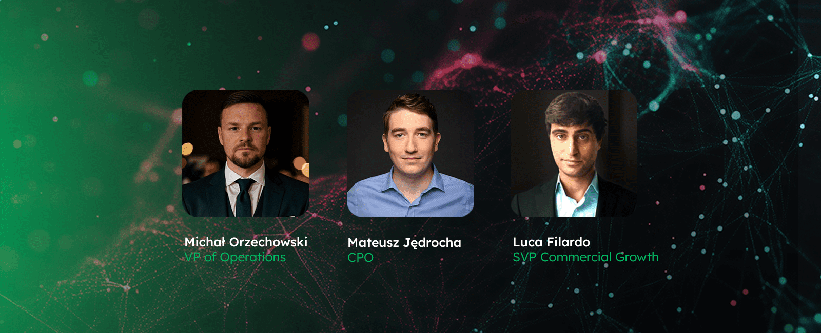 Adlook leadership graphic featuring Michał Orzechowski (VP of Operations), Mateusz Jędrocha (CPO), and Luca Filardo (SVP Commercial Growth) on a digital AI-themed background.